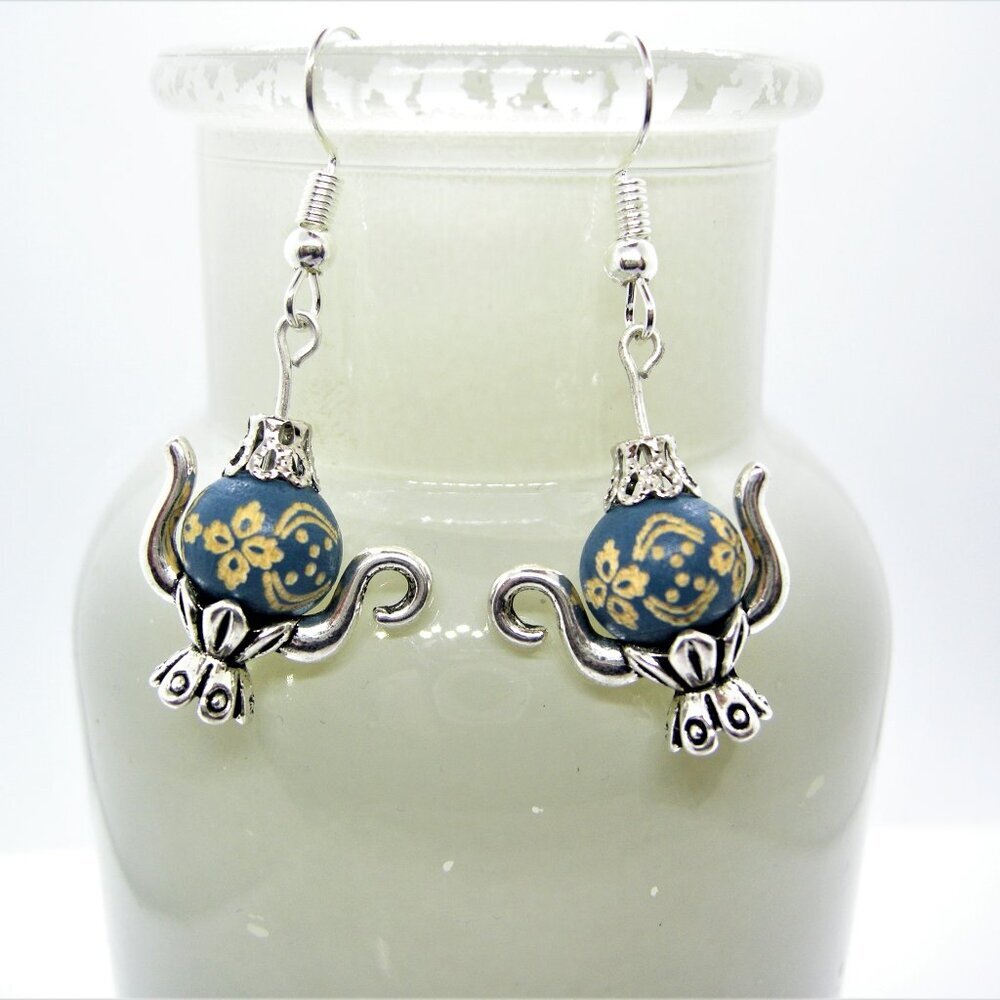 Handcrafted Teapot Earrings Dark Blue with Sterling Silver Hooks - Picture 1 of 7